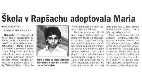 Škola v Rapšachu adoptovala Maria