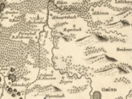 Výřez z mapy Čech (Mappa geographica regni Bohemiae) Johanna Christopha Müllera (Mapová sbírka Historického ústavu Akademie věd České republiky, sign. VII/ 4/ A-2587). Na této mapě z roku ca. 1720 je zakresleno i blízké dolnorakouské příhraničí, tedy i Rapšach, zapsaný jako Rapsach.